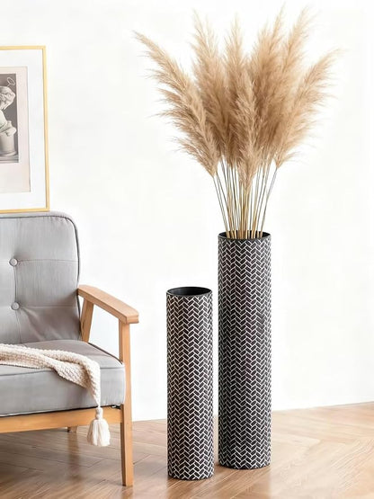 Sziqiqi Black Tall Floor Vase: 27.6/21.7in Metal Modern Cylinder Floor Vases - Woven Texture Extra Large Decorative Vase Set of 2 Home Decor for Living Room Bedroom Home Corner Indoor Office