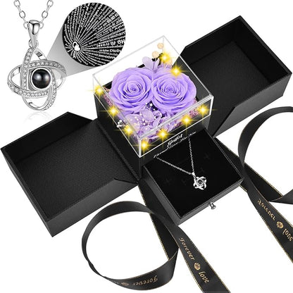 2 Preserved Rose Gift for Women - Eternal Rose with I Love You Necklace - Romantic Birthday Gifts for Girlfriend Mom Her Wife Grandma on Valentines Mothers Day Anniversary Christmas-Light Purple