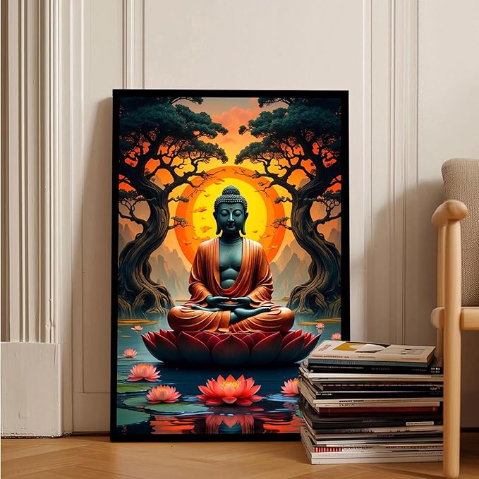 Canvas wall art Golden Buddha on lotus at sunset Ancient trees with reflections on water Serene meditation scene Uplifting wall art for mindfulness and tranquil home decor 24x36in Metal blackFramed