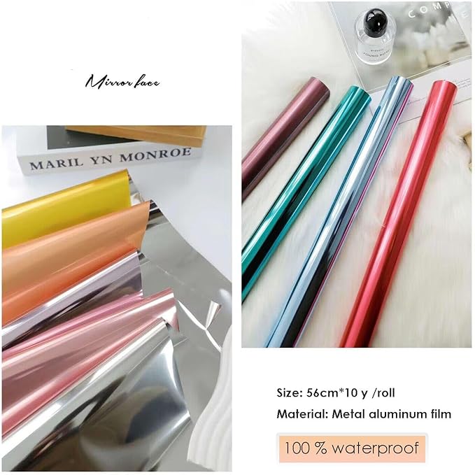 FWSA WRAPS Silver Gift Wrapping Paper Waterproof Bouquet Wrap Mirror Film Korean Style Fresh Flowers Wrapping Paper Christmas, Holiday DIY Deco 22x360 inches (Silver)