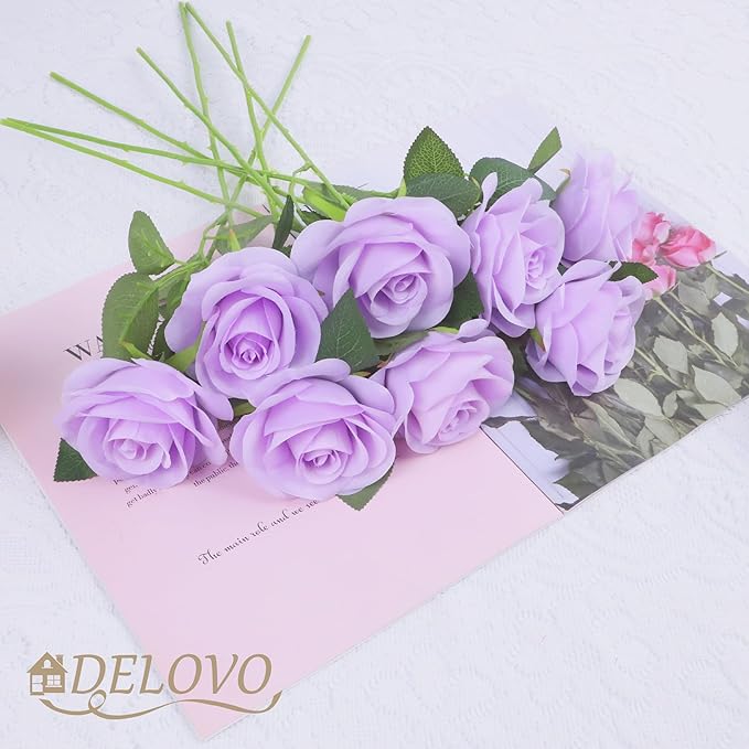 52pcs Lavender Roses Artificial Flowers Fake Flowers Silk Roses with Stems for DIY Wedding Bouquets Bridal Shower Centerpieces Arrangements Party Decorations