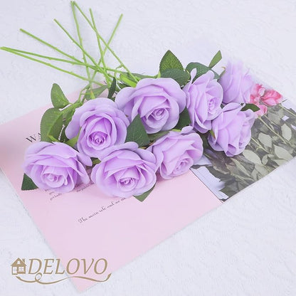 52pcs Lavender Roses Artificial Flowers Fake Flowers Silk Roses with Stems for DIY Wedding Bouquets Bridal Shower Centerpieces Arrangements Party Decorations