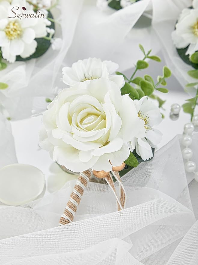 Serwalin 6PCS Ivory Rose Boutonniere for Men Wedding Groom Groomsmen Best Man Artificial Flowers Boutonniere for Wedding Ceremony Anniversary Prom Flowers Formal Dinner Party