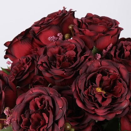 Artificial Peonies Silk Flowers, Burgundy Faux Peony Bouquet 4 Bundles Florals Arrangements for Farmhouse Home Boho Wedding Table Centerpiece, Fake Plastic Flowers Bulk for Vase Decoration (Burgundy)