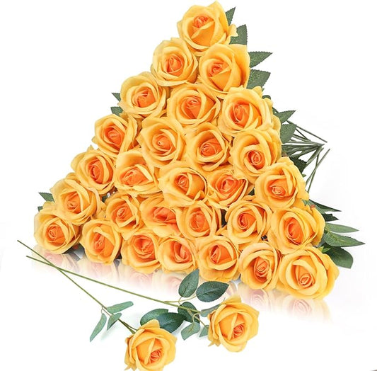 30pcs Fake Roses Artificial Silk Flowers Long Stems Bouquet for Wedding Bridal Shower Party Home Decoration (Gradient Yellow)