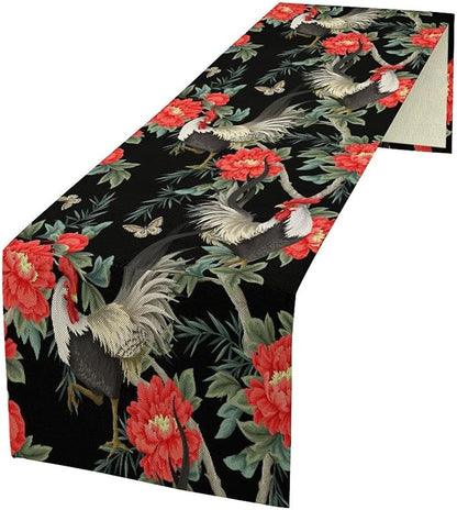 Rooster Floral Table Runner Vintage Farm Chicken Peonies Flower Dinner Runner for Country Farmhouse Home Kitchen Dinner Table Holiday Party Decoration 13x90in