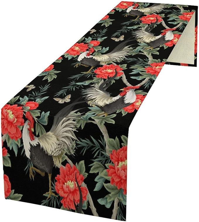 Rooster Floral Table Runner Vintage Farm Chicken Peonies Flower Dinner Runner for Country Farmhouse Home Kitchen Dinner Table Holiday Party Decoration 13x60in
