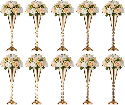 10 Pcs Tabletop Gold Metal Wedding Flower Trumpet Vase, 16.5 inch Table Decorative Centerpiece Artificial Flower Arrangements for Anniversary Ceremony Party Birthday Event Home Decoration (Gold)