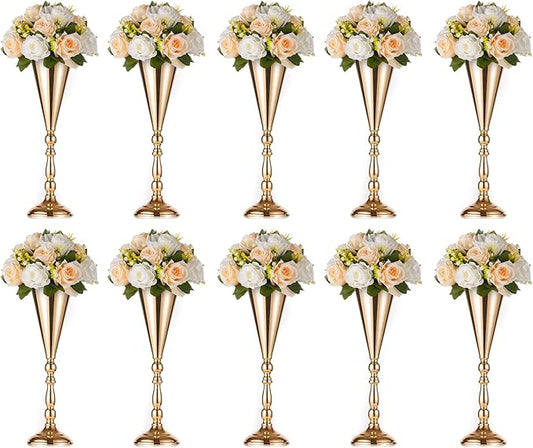 10 Pcs Tabletop Gold Metal Wedding Flower Trumpet Vase, 16.5 inch Table Decorative Centerpiece Artificial Flower Arrangements for Anniversary Ceremony Party Birthday Event Home Decoration (Gold)