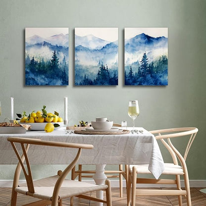 SERIMINO Nature Landscape Canvas Wall Art for Living Room, Forest Mountain Canvas Prints Paintings, Blue Modern Farmhouse Wall Decor for Bedroom Bathroom Set of 3, 12"X16"