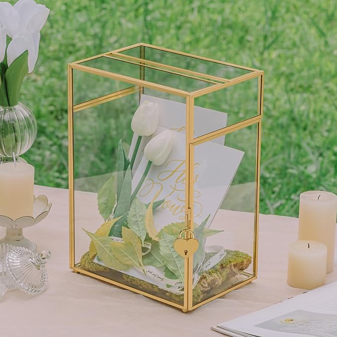 NCYP Small Glass Cards Box with Slot and Lock for Wedding, 8" x 5.5" x 11.3" - Home Birthdays Party Tabletop Decor, Gold, Clear Envelopes Terrarium (Card Box Only)