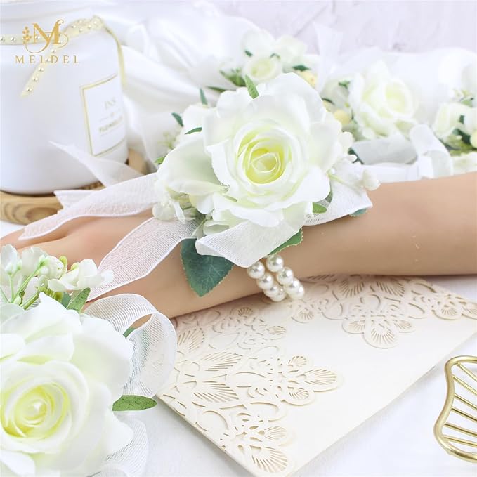 Meldel White Wrist Corsage for Women Bride Bridesmaids Wedding, Set of 6, Artificial Rose Corsages Wristlet for Prom Suit Accessories Bridal Shower Mother Homecoming Flowers Party Ceremony Anniversary