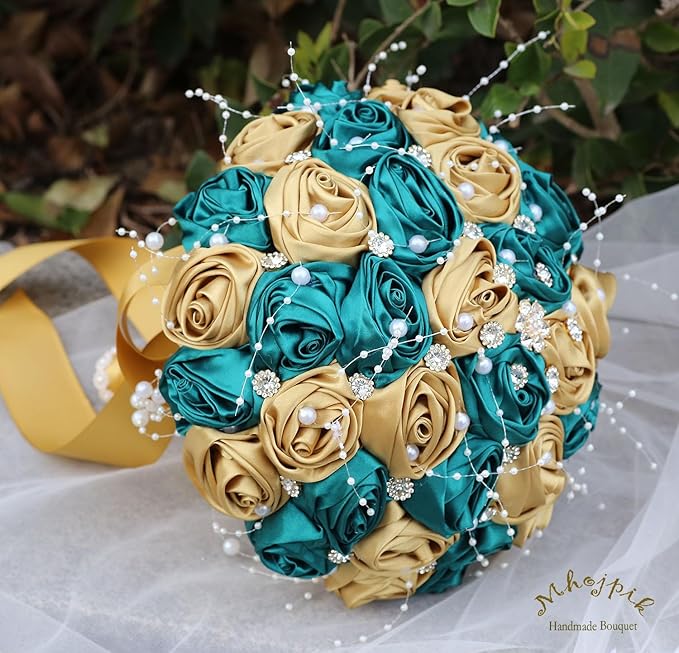 Bridal Wedding Bouquet Round Bling Brooch Bouquet Throw Toss Artificial Rose Flower Bunch for Bride Bridesmaid Wedding Quinceanera(Dark Green & Gold, 8.7")