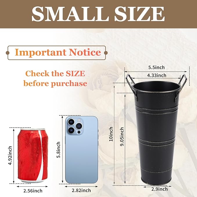 12pcs Small Black Rustic Vase, Small Metal Vases for Flowers, Galvanized Metal Bucket with Handles, Rustic Farmhouse Vases for Flowers for Home Décor (Black,10'' Height,Set of 12)