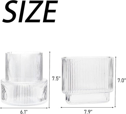 Ribbed Glass Vases, Set of 2 Fluted Vases for Flowers, Clear Vase for Tulips, Modern Glass Vase for Living Room, Dining Table, Office, Entryway, Mantle, Bookshelf, Wedding Gifts