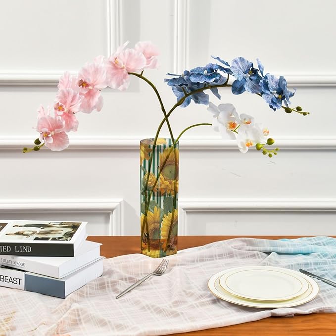 Flower Vase Clear Plastic Cylinder Vases Decor for Centerpieces Home Storage Office Weddings Green Striped Sunflowers and Honey Bees 11.8 x 3.9 in