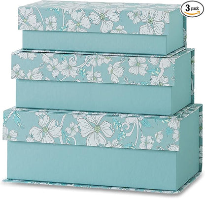 Soul & Lane Decorative Storage Boxes with Lids, Set of 3 Cardboard Boxes for Home Décor and Documents, Memory Organizers for Keepsakes with Magnetic Closure, Photo Storage, Blue Botanical