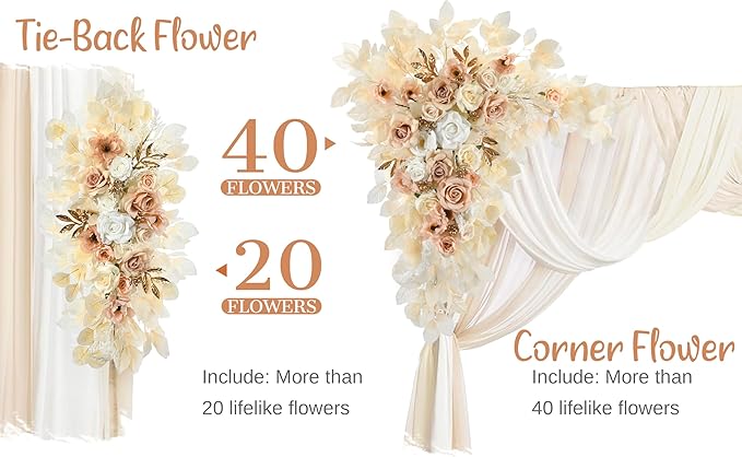 Wedding Arch Flowers with Drapes Kit (Pack of 5) - 2pcs Artificial Beige & Cream Deluxe Swag with 3pcs Hanging Drapes for Wedding Ceremony Arbor Reception Backdrop Rose Floral Decorations