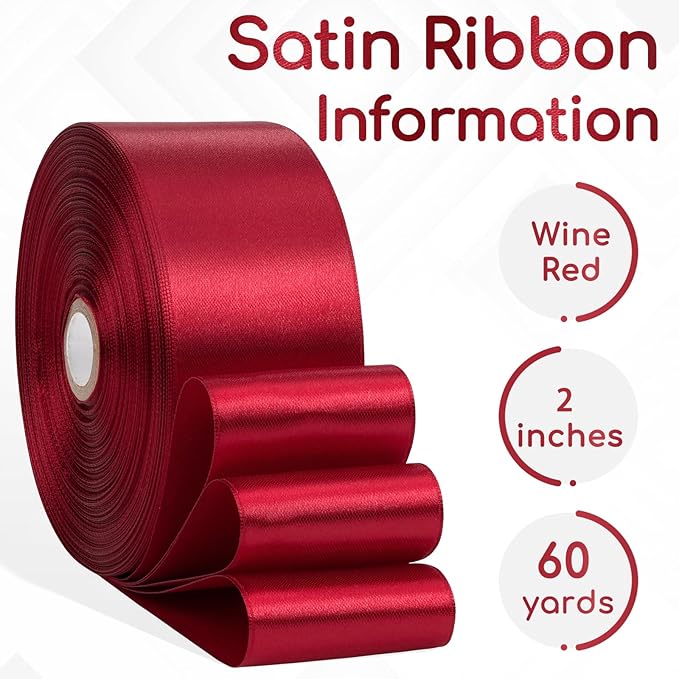Wine Red Ribbon 2 Inch, 60 Yards Wine Red Satin Ribbon for Flower Bouquet, Crafts, Gift Wrapping, Birthday Party, Hair, Wedding and Handmade Roses