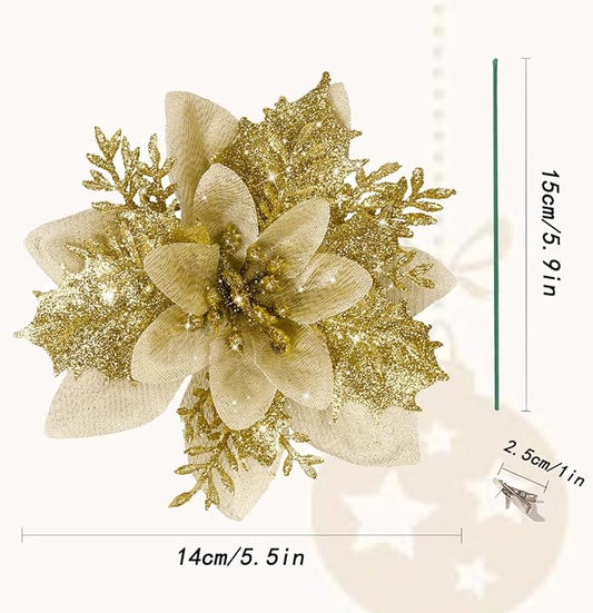 24 PCS Poinsettia Flower Artificial Gold Christmas Flowers Artificial 5.5'' Glitter Poinsettias Artificial Christmas Tree Flower with Clips DIY Xmas Wreath Holiday New Year Home Party Decor
