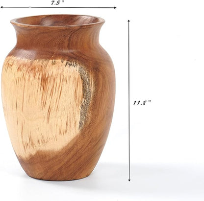 Acacia Wood Vase 7.5" x 7.5" x 11.8" H Handcrafted Natural Brown Wooden Vase Rustic Flower Holder for Entry Table Vintage Artworks Planter for Living Room Home Christmas Décor