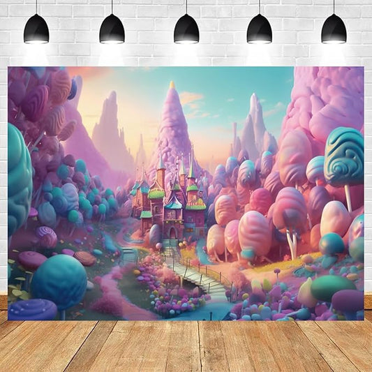 12x8ft Candyland Backdrop Fantasy Candy Castle Photography Background Sweet Lollipop Dream Blue Sky Cartoon Kids Birthday Banner Decorations Baby Shower Newborn Portrait Photo Booth Prop