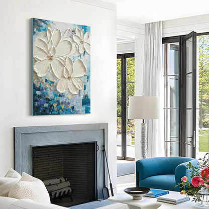 JUHOME Hand-Painted Textured Flower Oil Painting Canvas Wall Art,24x36 In Abstract White Floral Artwork, Vertical Modern Original Wall Decor for Living Room Bedroom Office