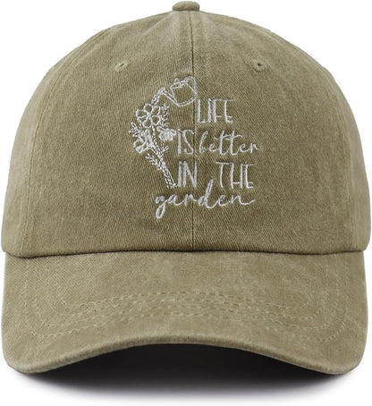 Life is Better in The Garden Hats for Women, Adjustable Cotton Embroidered Gardening Baseball Cap