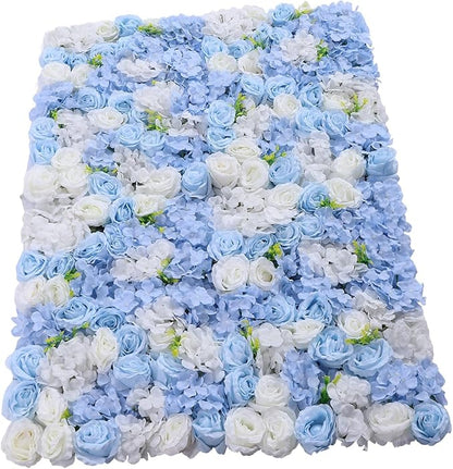 4pcs 3D Artificial Flower Wall Panels - Blue White Backdrop 24 x 16 Inch - Realistic Fake Flower Background Decor for Wedding, Birthday Party and Baby Shower