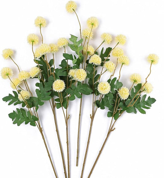 mizii 6Pcs Yellow Fake Silk Pompon Mum Artificial Flowers Bulk Small Faux Chrysanthemums with Stems Realistic Floral Decorations for Wedding DIY Bouquet Centerpieces Shower Vase Home Decor (Yellow)