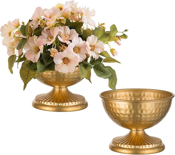 Sziqiqi Gold Urn Vase for Flowers - Wedding Table Decoration Centrepieces Set of 2 Vintage Metal Vases for Artificial Flowers Small Hammered Vase for Birthday Party Christmas Anniversary