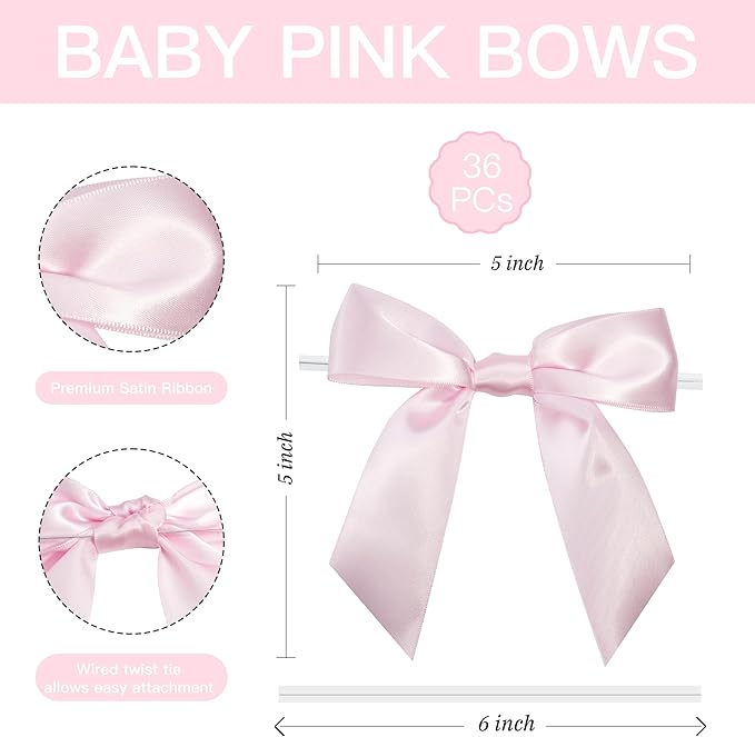 Baby Pink Satin Ribbon Twist Tie Bows 5 Inch Pre-Tied Light Pink Gift Bows for Crafts, Treat Bags, Party Favors, Wedding, Baby Shower, Candy Apple, Christmas (36 Pack)
