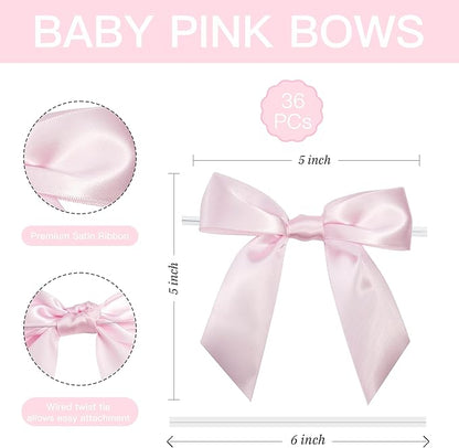 Baby Pink Satin Ribbon Twist Tie Bows 5 Inch Pre-Tied Light Pink Gift Bows for Crafts, Treat Bags, Party Favors, Wedding, Baby Shower, Candy Apple, Christmas (36 Pack)