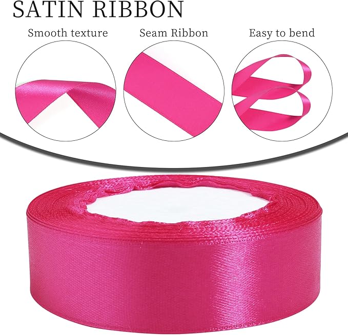 Hot Pink Ribbon for Gift Wrapping, 1 inch Polyester Satin Hair Ribbons for Flower Bouquet, Weeding Decoration, Baby Shower, Crafts Bows Fabric Christmas Ribbon 25 Yards