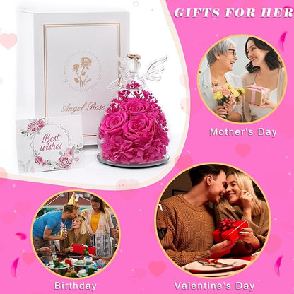 Beferr Christmas Birthday Gifts for Women, Mom Gifts for Christmas Fresh Flowers for Delivery Prime Forever Preserved Rose in Glass Angel Figurine Xmas Gifts for Grandma Wife Sister Her, Rose Red