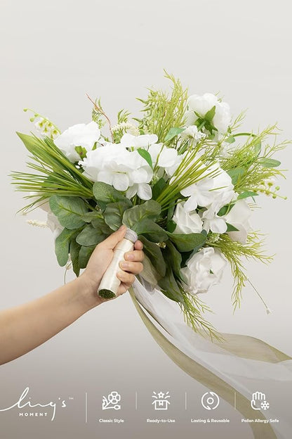 Ling's moment White Wedding Bouquets for Bride, Lily of The Valley Bridal Bouquets for Bride, 15 Inch Free Form Artificial Wedding Flower Bouquet