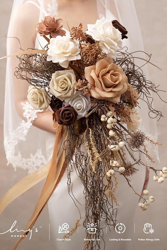 Ling's moment Beige Bridal Bouquet Cascading, Brown Wedding Bouquets for Bride, 13 Inch Bride Bouquets for Wedding Artificial Flowers Bouquets