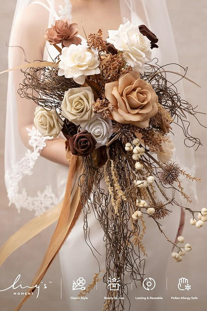 Ling's moment Beige Bridal Bouquet Cascading, Brown Wedding Bouquets for Bride, 13 Inch Bride Bouquets for Wedding Artificial Flowers Bouquets
