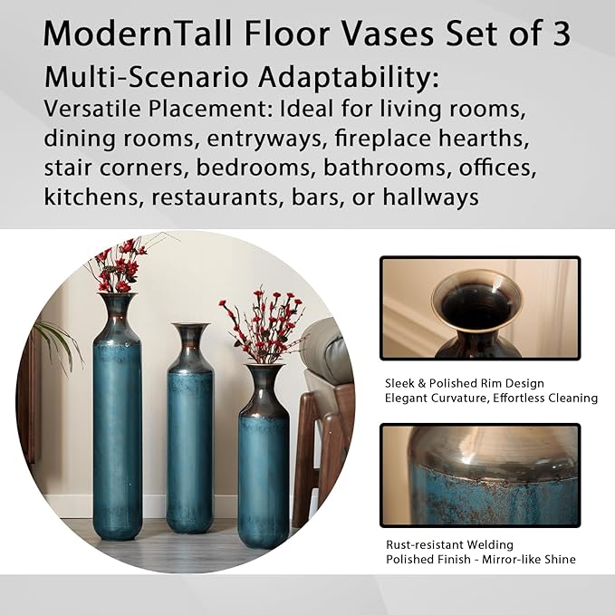 Set of 3 Large Floor Vases, Modern Aqua Blue Metal Vases for Home Decor, Glazed Decorated Tall Vases 20.4 24.4 28.3 Inch for Wedding Living Room