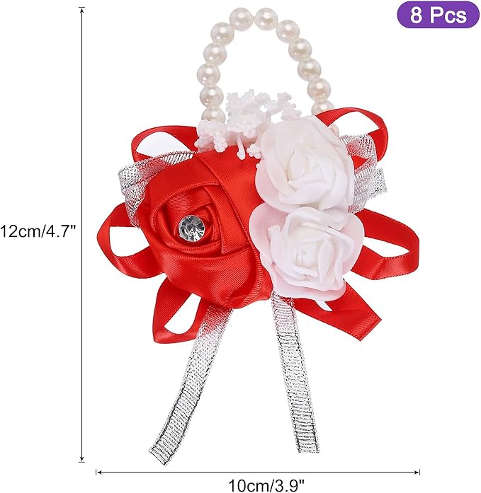 MECCANIXITY 8Pcs Wrist Corsage Artificial Flower Bracelets Rose Wrist Bride Groom Decorative for Wedding Ceremony Prom Party Anniversary Red