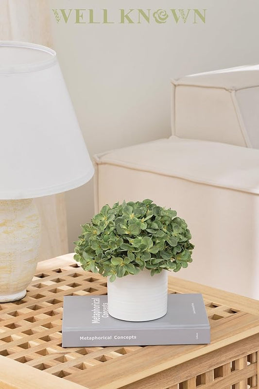 Hydrangea Fake Flowers in Vase, Artificial Flowers with Ceramic Vase Small Faux Potted Plant Arrangements for Bathroom Home Desk Kitchen Counter Vanity Shelf Coffee Table Centerpiece Decor (Green)