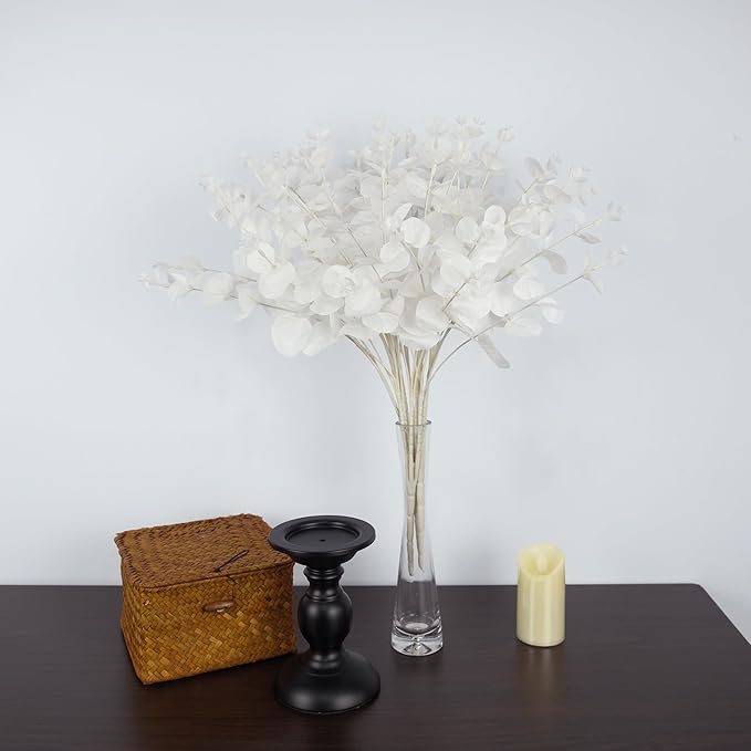 19" Faux Flowers Artificial Silk Silver Dollar Eucalyptus Stems Fake Plant for Vase Home Wedding Decor 3 Pcs (White)