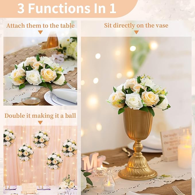 NUPTIO Artificial Flower Centerpieces for Tables: Peachy Champagne & White Flower Ball Arrangement for Wedding Party - 2 Pcs 9.5 Inch Diameter Floral Rose for Bridal Shower Decor