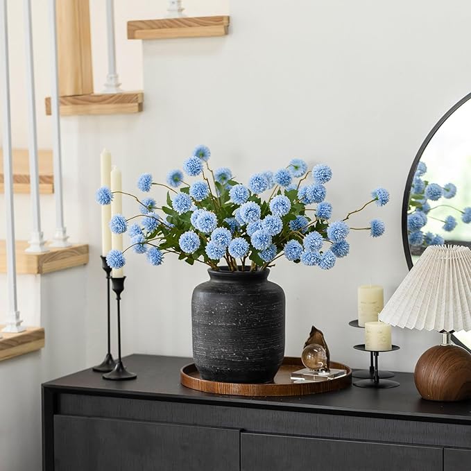 mizii 6Pcs Blue Fake Silk Pompon Mum Artificial Flowers Bulk Small Faux Chrysanthemums with Stems Realistic Floral Decorations for Wedding DIY Bouquet Centerpieces Shower Vase Home Decor (Light Blue)