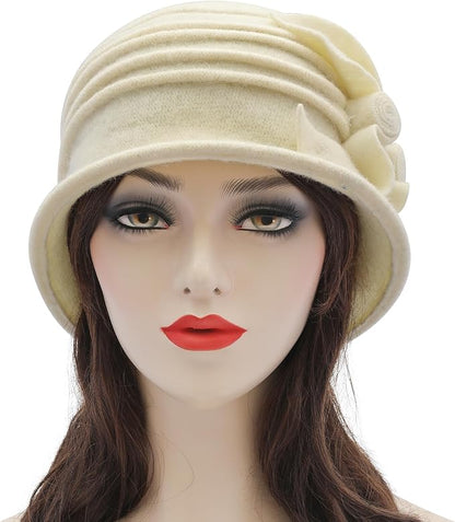 ZLYC Women Wool Cloche Bucket Hat 1920s Vintage Dress Winter Hats with Flower Accent