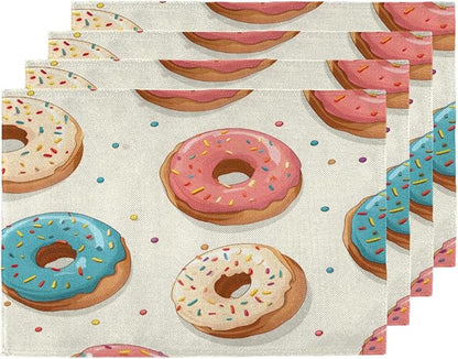 Donuts Placemats, Place Mats Set of 4, Heat Resistant Place Mats, Washable Table Mats for Dining Table, Non-Slip Stain Resistant Kitchen Table Placemats, Food Donut