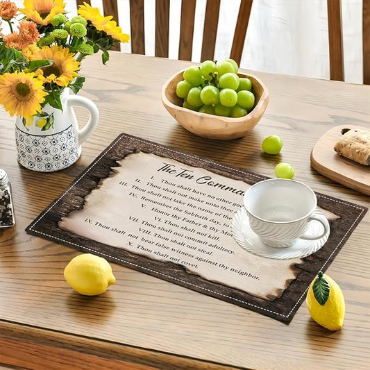 10 Commandments Placemats Set of 4, Ten Commandments Religious Place Mats Washable Double-Sided Table Mats for Kitchen Dining Room Home Party Indoor 4 PCS 12x18 Inch