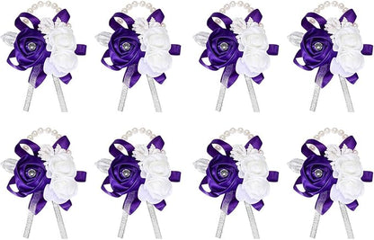 MECCANIXITY 8Pcs Wrist Corsage Artificial Flower Bracelets Rose Wrist Bride Groom Decorative for Wedding Ceremony Prom Party Anniversary Purple
