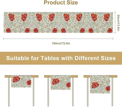 William Morris Table Runner, Retro Red Flowers Green Botanical Country Farmhouse Tabletop Decoration for Kitchen Dining Home Party 13x60 Inch
