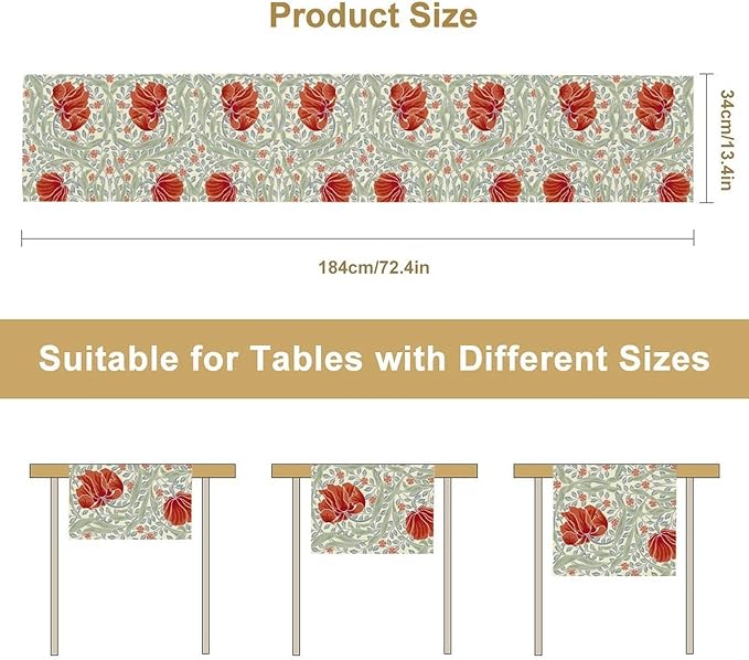 William Morris Table Runner, Retro Red Flowers Green Botanical Country Farmhouse Tabletop Decoration for Kitchen Dining Home Party 13x36 Inch